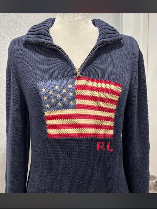 Polo Ralph Lauren Sweaters - Polo by Ralph Lauren Navy Knit Half-Zip with American Flag Logo